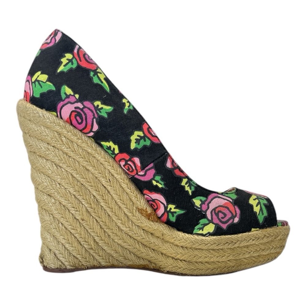 Betsey Johnson Rose Floral Platform Espadrille Wedge Peep Toe Y2K Retro Sz  10 - Picture 5 of 13